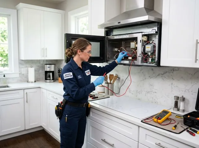 Appliance Repair Hero technician testing an over-the-range microwave in a Bethlehem, CT kitchen